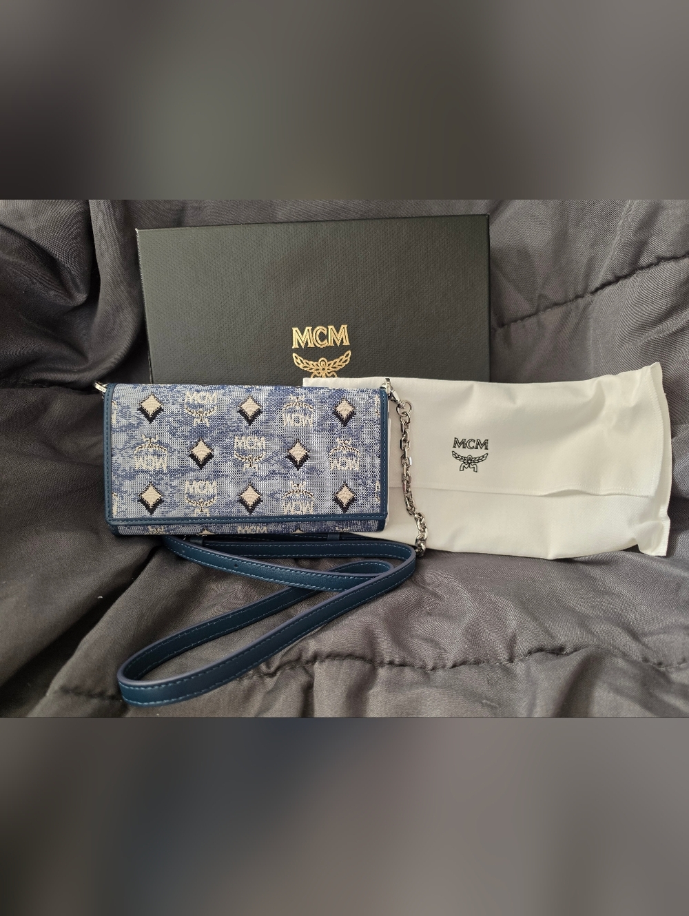 NWT - MCM Blue Jacquard Logo Crossbody Wallet - AUTHENTIC